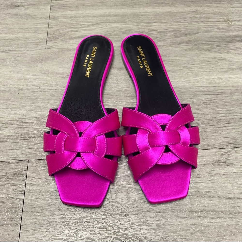 RARE Like New Saint Laurent Fuchsia Satin Nu Pieds Slide Sandals size 37.5 - Picture 5 of 9